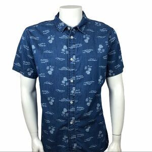 H&M Men’s Casual Short Sleeve Button Down Shirt L Denim Blue Aloha Beach Print